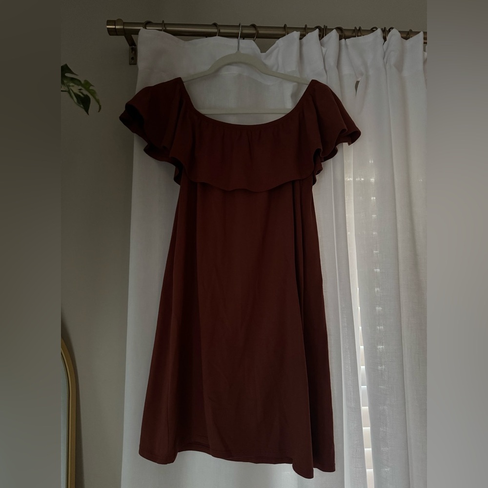 Burnt Orange Ruffle Off-Shoulder Dress - Picture 2 of 3